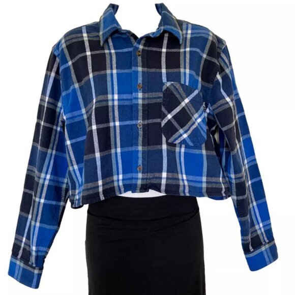 Aritzia TNA Cropped Flannel Button Up Shirt Long Sleeve Blue Plaid - Picture 7 of 7